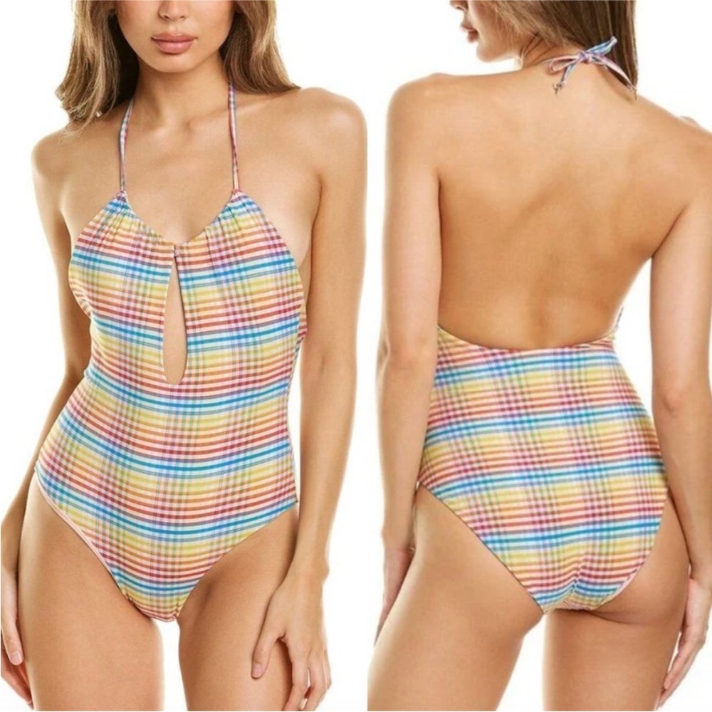 Onia Eliza Gingham Rainbow Halter One-Piece Swimsuit/ bodysuit NWOT
